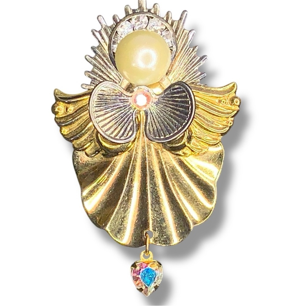 Vintage Angel Christmas Brooch Religious Holiday Gift Gold Tone Faux Pearl